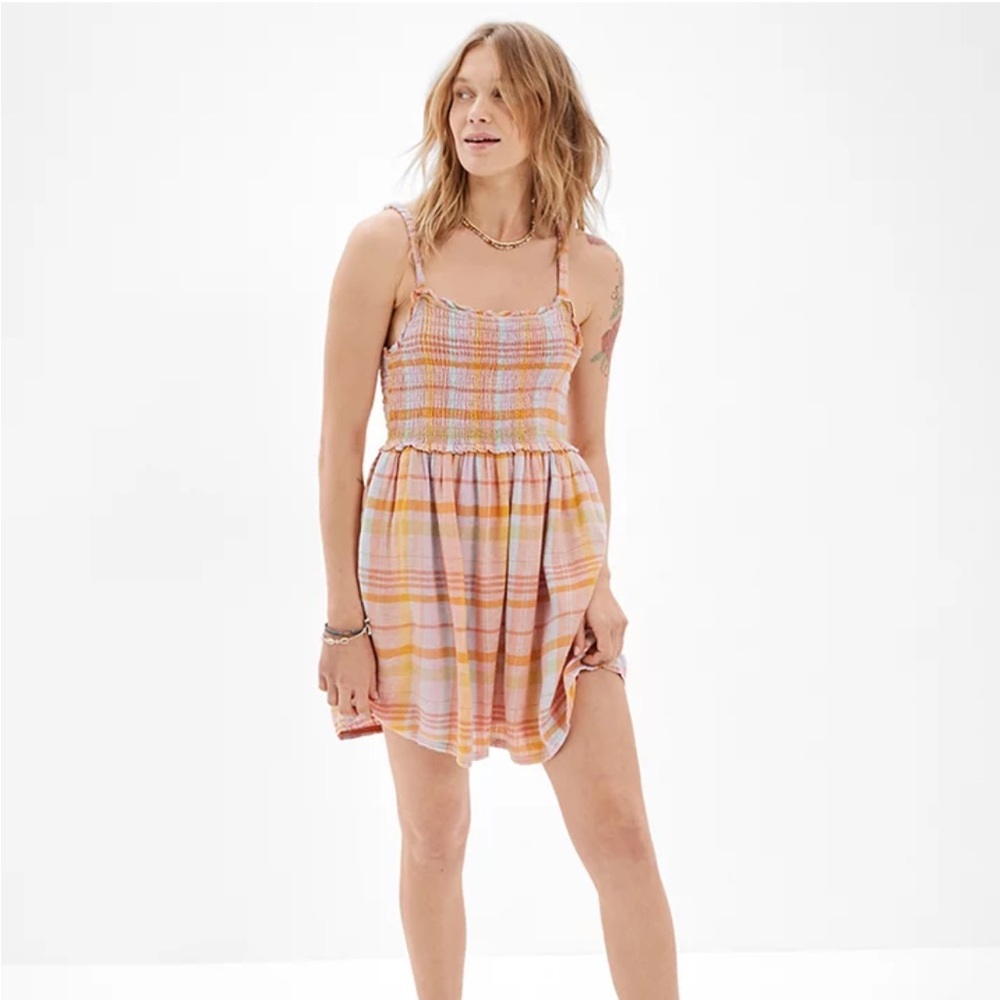 NEW AE Linen Summer Dream Smocked Tank Dress in Pink Plaid Multicolor - M